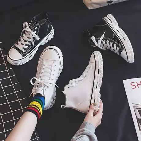 高帮运动鞋女韩版ulzzang2020秋款原宿风学生百搭皮面小白鞋板鞋商品大图