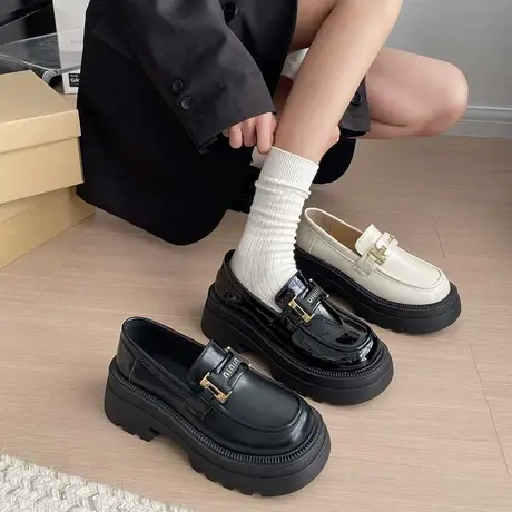 乐福鞋女2024新款春秋厚底一脚蹬英伦小皮鞋法式高跟粗跟防滑单鞋商品大图