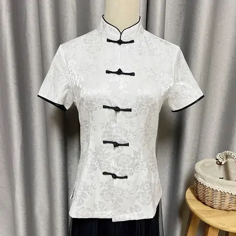 傲雪屋夏季中国风修身日常唐装女盘扣功夫衫茶艺服立领对开短袖女商品大图