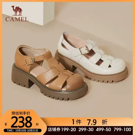 骆驼女鞋2023夏季新款厚底罗马凉鞋女真皮鞋子复古休闲包头猪笼鞋图片