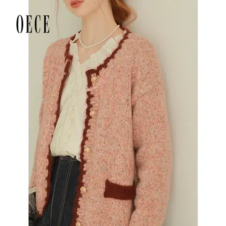 Oece复古针织开衫女2023秋季新款女装慵懒宽松气质毛衫小外套春秋图片