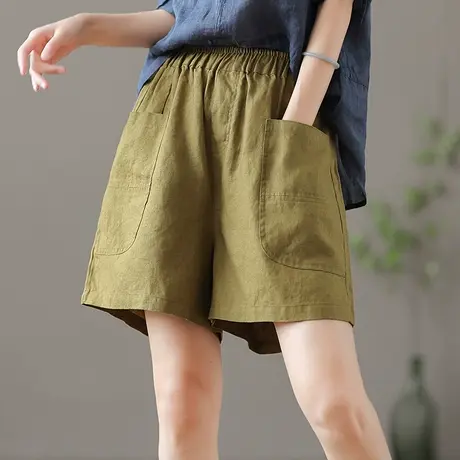 dza 高腰显瘦休闲夏季亚麻短裤女士2022薄款口袋宽松阔腿棉麻女裤图片