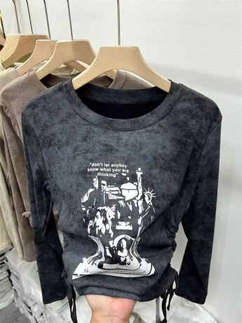 设计感侧边抽绳褶皱针织衫长袖修身上衣女2023早秋美式街头打底衫商品大图