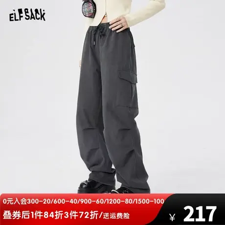 妖精的口袋宽松直筒工装裤女2024早春新款抽绳设计感运动休闲裤图片