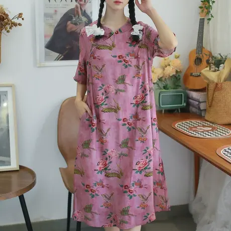 胖妹妹2025大码夏季新中式棉质印花优雅旗袍连衣裙图片