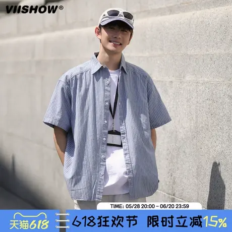 VIISHOW日系简约条纹衬衫男夏季潮牌百搭宽松大码学院风短袖衬衣图片