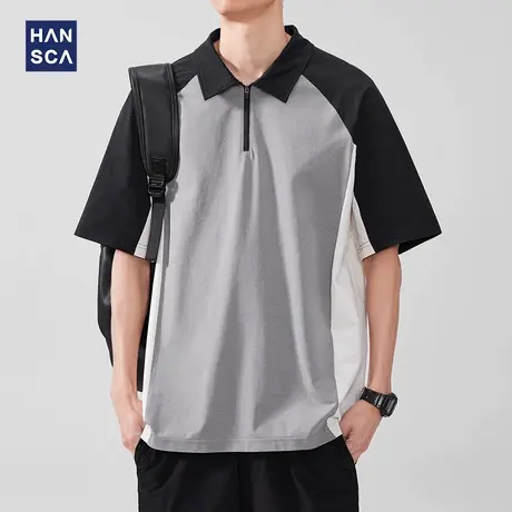 Hansca 撞色翻领半拉链polo衫男士短袖t2025夏季薄款宽松透气上衣商品大图