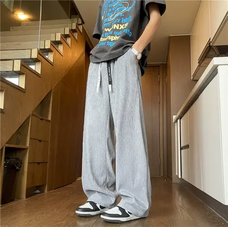 肌理感休闲裤男夏季薄款冰丝凉感阔腿裤宽松大码休闲垂感直筒长裤商品大图