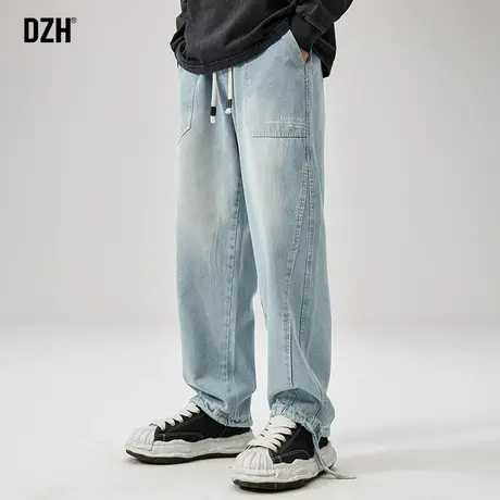 男生蓝色直筒牛仔裤男秋季潮牌宽松抽绳束脚休闲裤子2023新款长裤商品大图