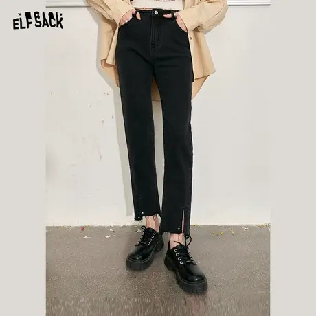 妖精的口袋开叉高腰水洗黑色牛仔裤女2023秋季新款修身显瘦铅笔裤图片