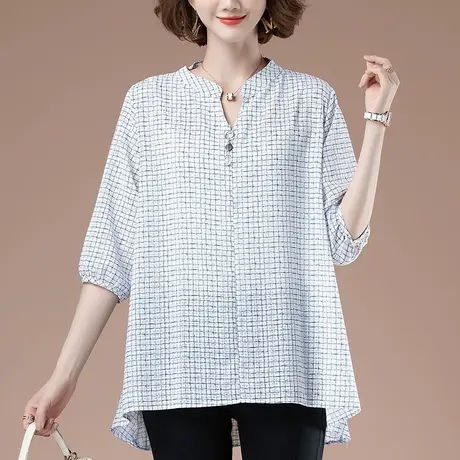 休闲衬衫女短袖夏季加肥加大码女装宽松中长款显瘦遮肚子格子衬衣图片