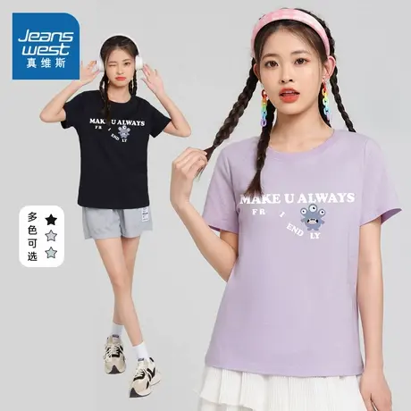 DE真维斯女装 2023夏季新款圆领上衣黑色休闲时尚字母印花短袖T商品大图