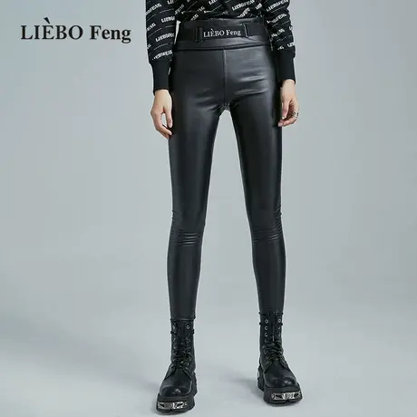 B裂帛LIEBOFeng设计感ins高街字母织带黑色抓绒PU长裤商品大图