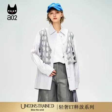 a02【ET释放系列】蓝色衬衫女2025新款秋季假两件衬衣层次感上衣图片