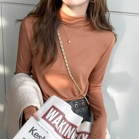 半高领长袖T恤女2023秋季新款修身显瘦纯色简约内搭打底衫上衣潮图片