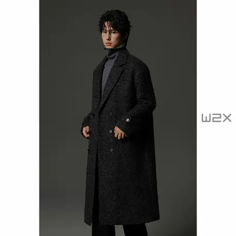 w2x冬季针织绵羊毛加厚双色呢子大衣男中长款高级感休闲风衣外套图片