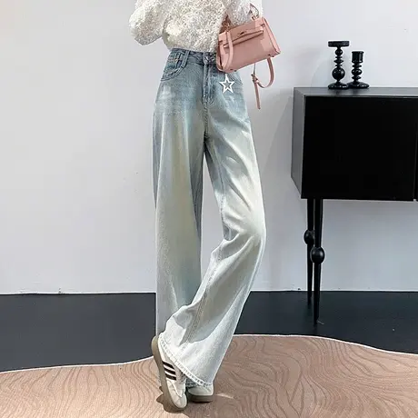美式风直筒牛仔裤女秋季2025年新款浅蓝洗水宽松高腰休闲阔腿长裤图片
