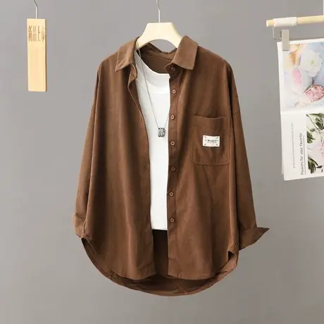 长袖宽松休闲衬衫外套女中长款2023秋季新款灯芯绒韩版衬衣上衣商品大图