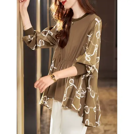 宝诗黎圆领长袖拼接印花雪纺衫收腰女装2023年新款秋季宽松薄上衣图片