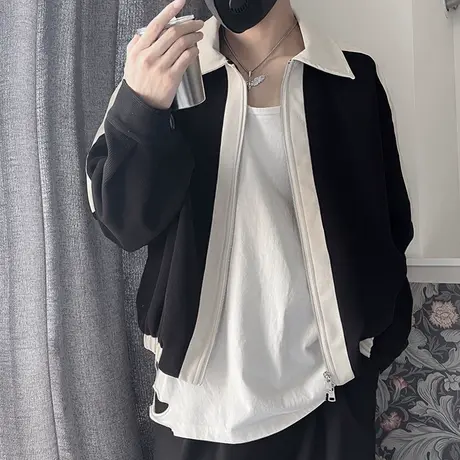 轻熟风复古撞色高级感小众翻领拼皮夹克男秋季个性短款机车服外套商品大图