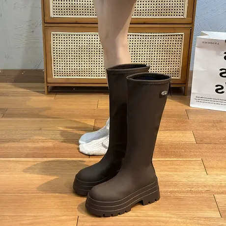 厚底长筒靴女2023年春秋季新款复古气质洋气骑士靴粗跟高筒瘦瘦靴图片