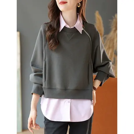 宝诗黎拼接衬衫领棉质假两件卫衣时尚设计感长袖上衣2023秋季新款商品大图