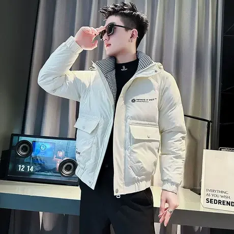 连帽工装立领棉服外套男冬季个性潮牌撞色格子高级感加厚冬装棉袄商品大图