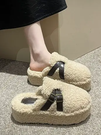 网红厚底毛毛拖鞋女外穿2023新款秋冬季皮带扣包头半拖鞋毛绒棉拖商品大图