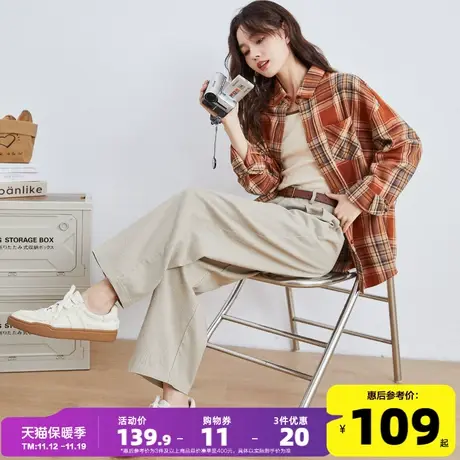 唐狮休闲裤女2023秋冬新款双褶高腰萝卜裤卡其色阔腿日系九分裤子图片