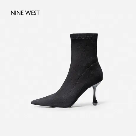 Nine West/玖熙靴子女高跟鞋秋新款尖头水滴跟绒面黑色短靴时装靴图片