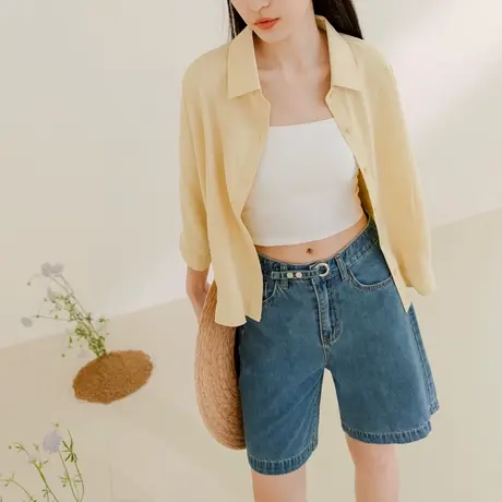 桔熊夏季设计感高腰a字休闲水洗牛仔五分裤子女胖妹妹大码BA7084图片