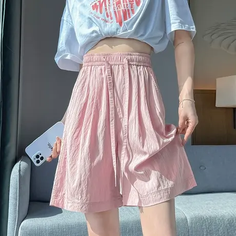 粉色阔腿短裤女夏季薄款高腰显瘦棉麻褶皱a字休闲松紧腰五分中裤商品大图