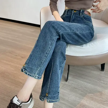 九分开叉高腰直筒牛仔裤女2024年春秋新款显瘦小个子法棍烟管裤子商品大图