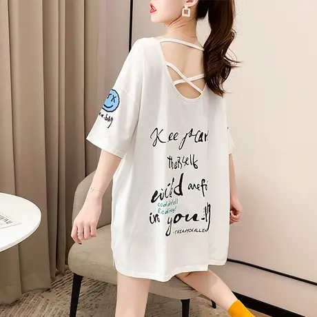 ins短袖t恤女夏韩版宽松大码女装中长款个性露背百搭体桖上衣服潮商品大图