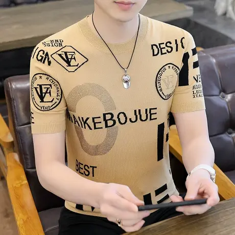 高端冰丝圆领短袖t恤男2023夏季烫钻时尚修身针织休闲半袖体恤男T商品大图