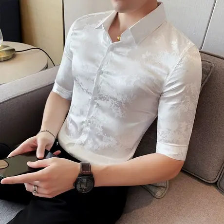 潮牌夏装短袖衬衫男士痞帅花寸衫网红夜场韩版紧身个性七分袖衬衣商品大图