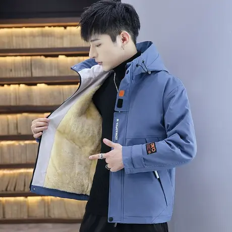 秋冬季加绒加厚外套男连帽工装保暖夹克初中高中学生冬装棉服上衣商品大图
