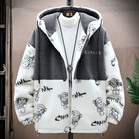 羊羔绒棉服男士外套连帽秋冬季潮牌宽松卡通拼接加厚颗粒绒棉衣男商品大图