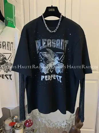 潮牌飞马玫瑰纱袖短袖T恤上衣女宽松休闲百搭拼接假两件2022商品大图