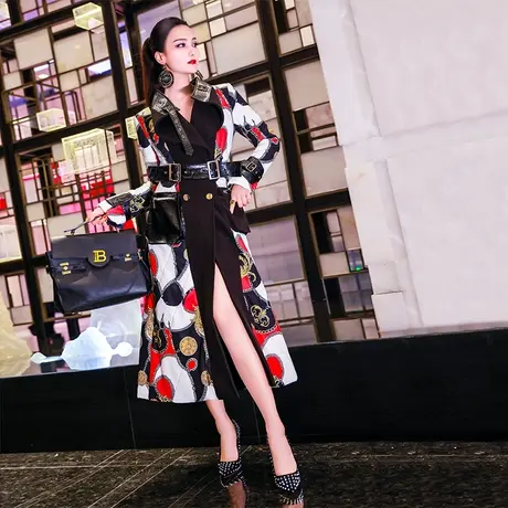 秋冬女士印花翻领棉服外套中长款过膝新款时尚修身显瘦棉大衣商品大图