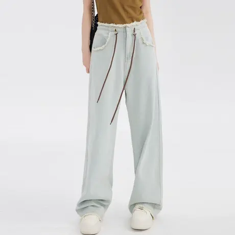 尔给抽绳高腰直筒阔腿牛仔裤女2023年新款小个子梨形身材女裤子商品大图