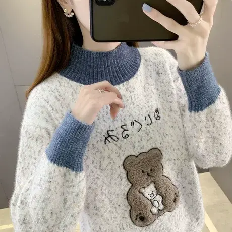 小熊半高领毛衣女冬季加厚2024年新款雪尼尔打底衫宽松洋气上衣潮商品大图