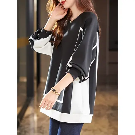 宝诗黎圆领拼接棉质大码宽松套头上衣女春季长袖百搭卫衣2024新款图片