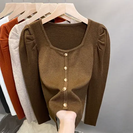 方领毛衣女套头2023秋冬新款泡泡袖外穿针织衫内搭打底衫洋气上衣商品大图