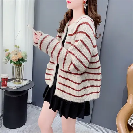 短款小个子条纹毛衣开衫女2023年新款春秋宽松慵懒风百搭针织外套图片