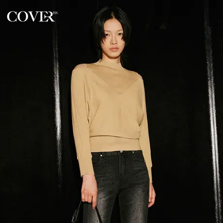 COVER秋季假两件露肩坑条美拉德针织衫商品大图