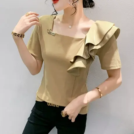 个性网红T恤女短袖2024新款时尚荷叶边小衫设计感修身方领上衣ins商品大图