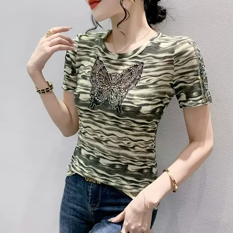 欧货网纱拼接T恤女短袖2024夏新款性感镂空修身上衣时尚烫钻小衫商品大图