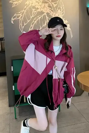 2023夏季长袖连帽拉链个性拼接休闲防晒衣女宽松显瘦减龄棒球服潮商品大图