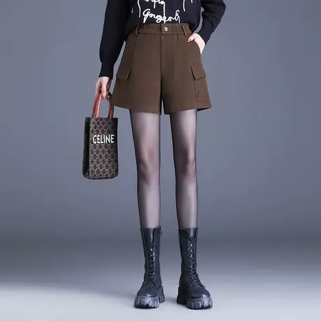 松紧腰毛呢短裤女秋冬2023新款高腰宽松a字阔腿裤休闲裤百搭靴裤商品大图